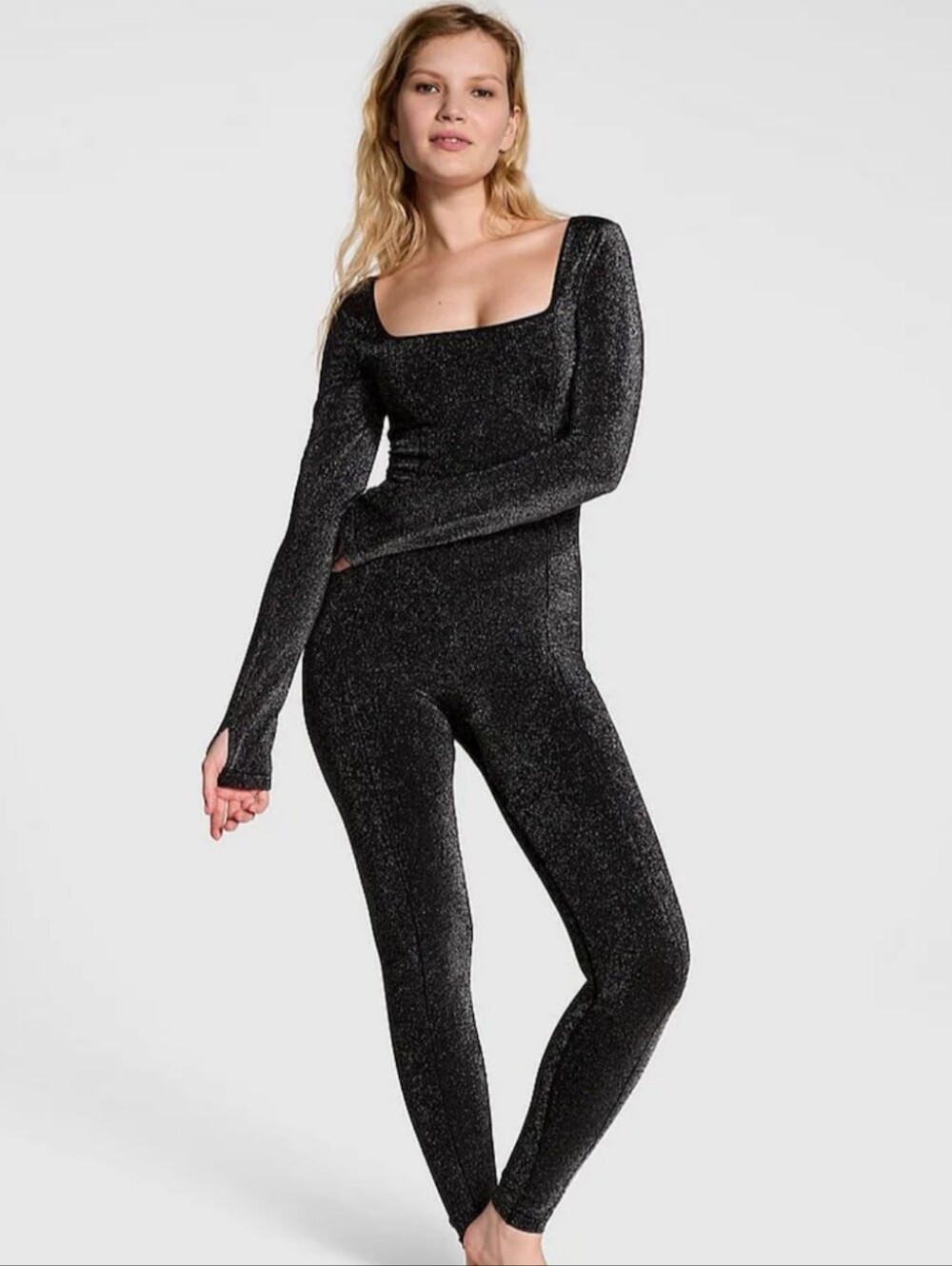 Victoria's Secret, Black Shine Seamless Square Neck Jumpsuit, Size M NWT